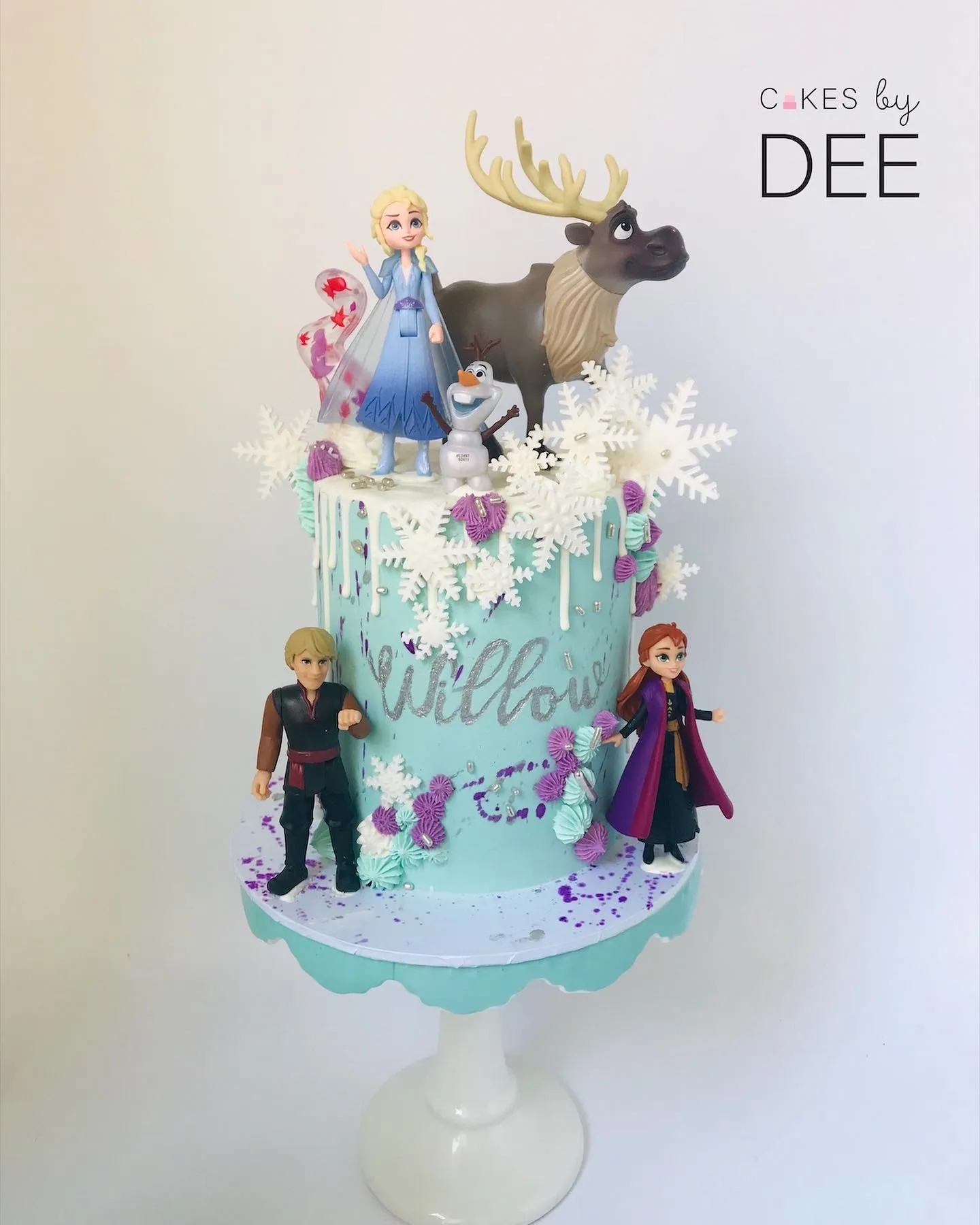 Frozen-themed teal birthday cake for Willow with character figurines including Elsa, Anna and Olaf on scalloped stand